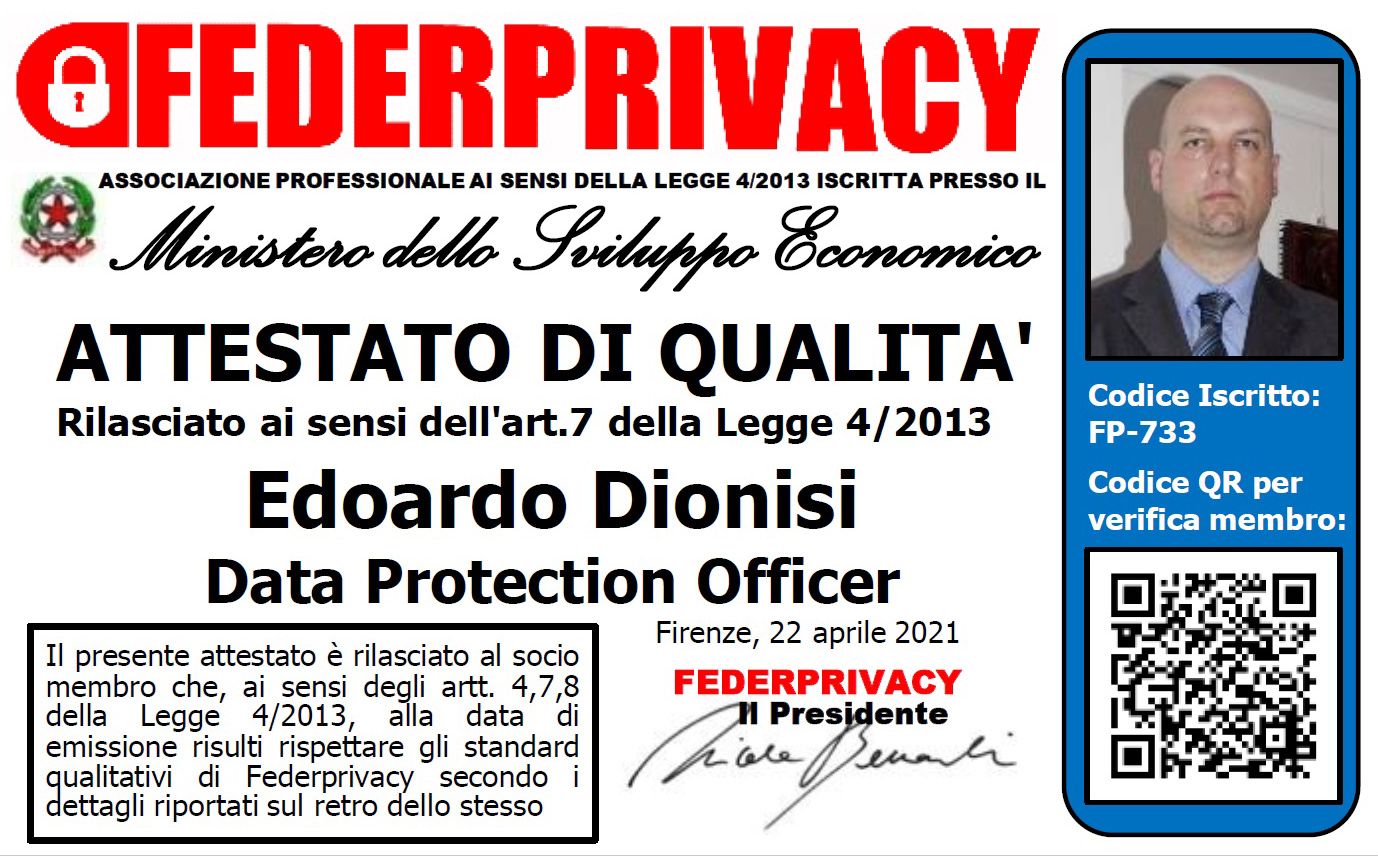 Edoardo Dionisi certificazione dpo